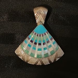 Carolyn Pollack Relios Fan Pendant Inlaid Gems Sterling Silver Turquoise MOP